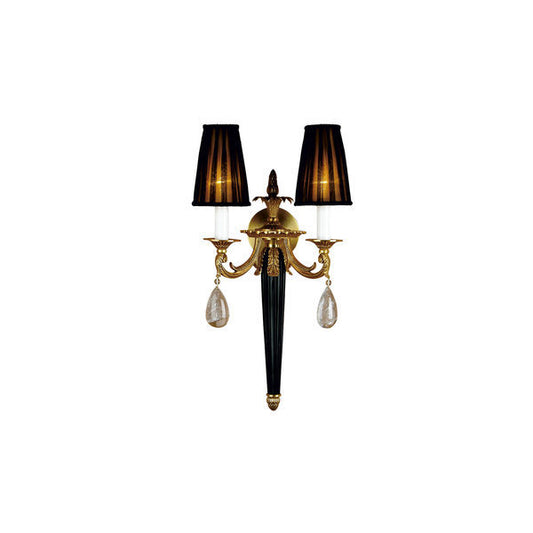 Chic Two-Arm Wall Sconce with Black Shades and Crystal Accents