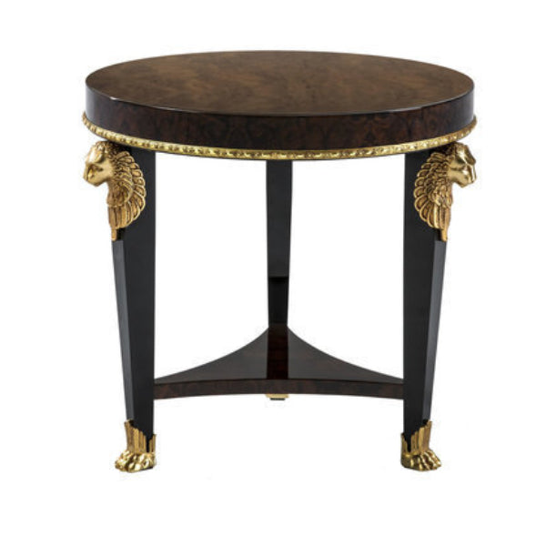 Majestic Round Side Table with Lion Motif and Rich Wood Finish