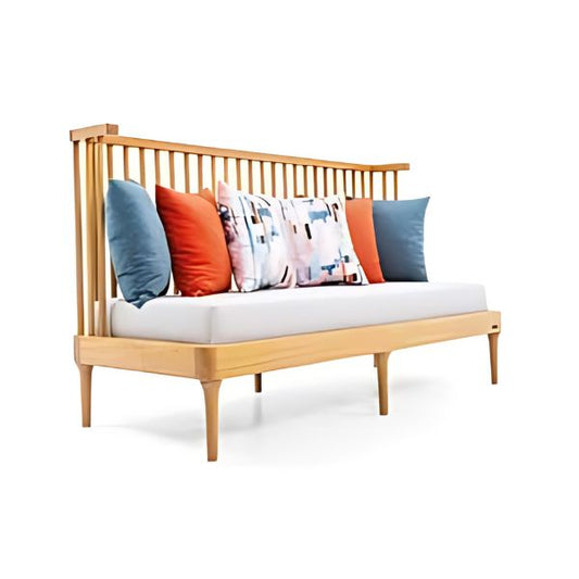 Bright and Cheerful: The Light Wood Sofa with Colorful Cushions