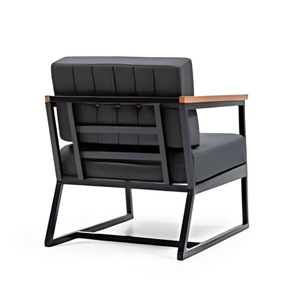 Industrial Chic: The Gray Tufted Accent Chair with Metal Frame and Wooden Armrests