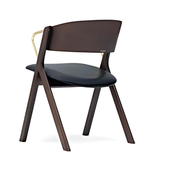 Modern Dark Wood Armchair with Black Leather Seat and Gold Accents