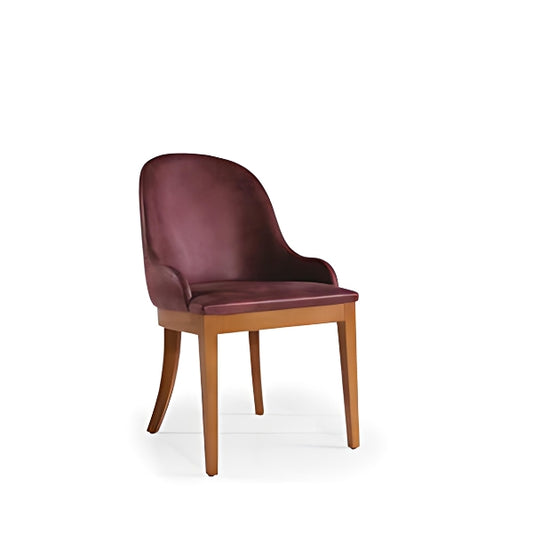 Elegant Burgundy Upholstered Armchair with Wooden Legs: A Refined Blend of Comfort and Style