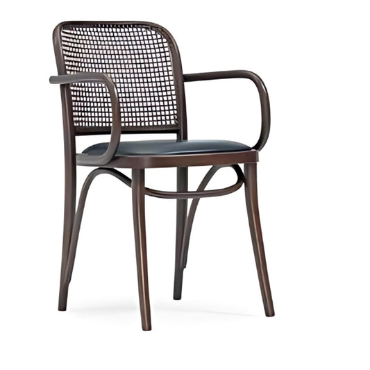 Chic Black Upholstered Armchair with Rattan Back and Dark Wood Frame: A Stylish Fusion of Comfort and Modern Design