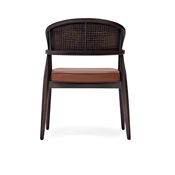 Contemporary Brown Upholstered Armchair with Rattan Back and Dark Wood Frame