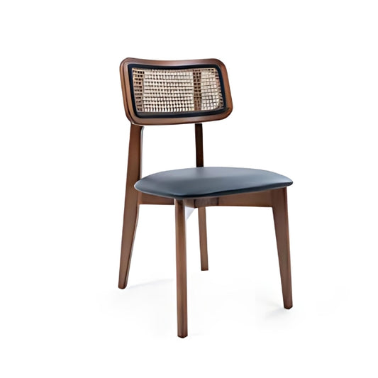 Elegant Black Upholstered Chair with Rattan Back and Walnut Frame