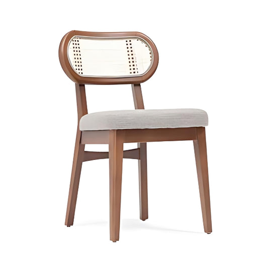 Elegant Beige Upholstered Chair with Rattan Back and Walnut Frame