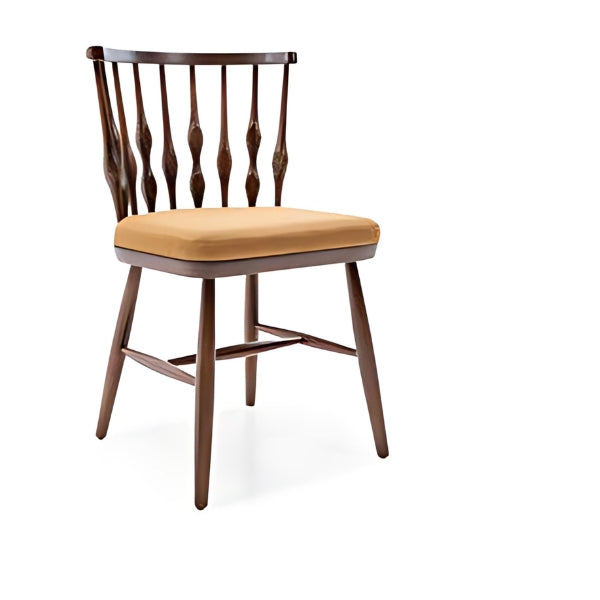 Elegant Walnut Dining Chair with Spindle Back Design and Warm Mustard Upholstery