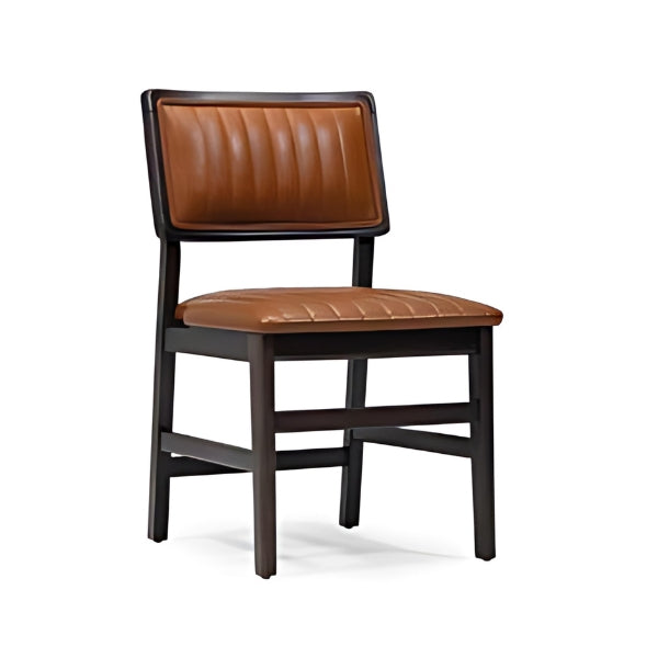 Stylish Brown Leather Dining Chair with Dark Wood Frame