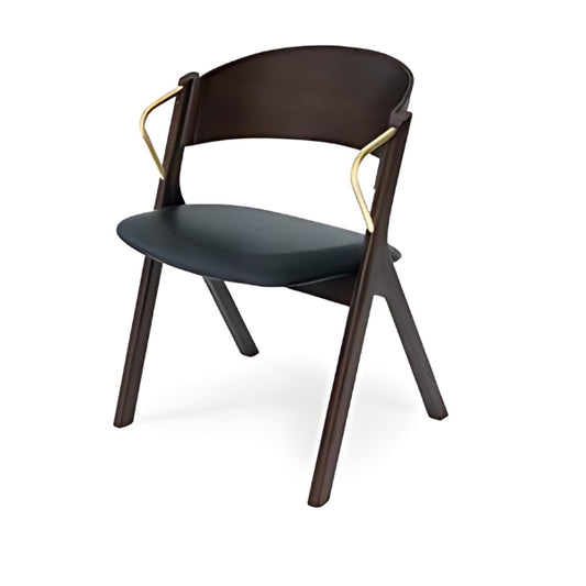 Modern Dark Wood Armchair with Black Leather Seat and Gold Accents