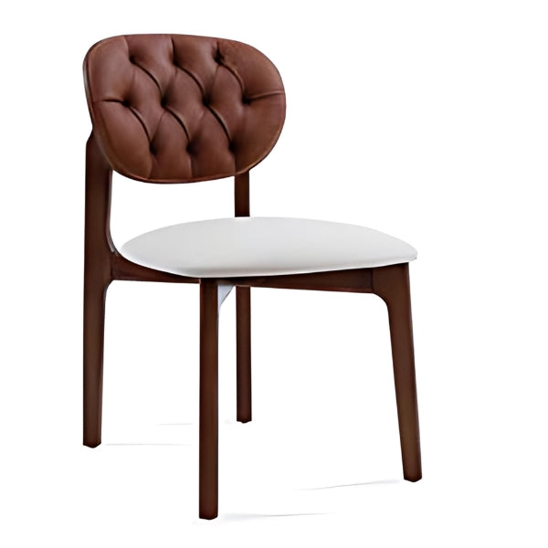 Elegant Brown Leather Tufted Chair with White Fabric Seat