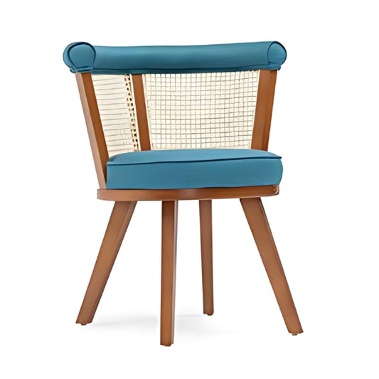 Elegant Teal Upholstered Armchair with Rattan Back and Light Wood Frame