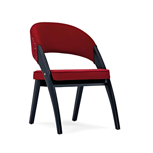 Bold Red Upholstered Chair with Dark Wood Frame: A Stylish Blend of Comfort and Modern Design