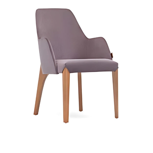 Elegant Lavender Upholstered Armchair with Wooden Legs: A Stylish Blend of Comfort and Modern Design