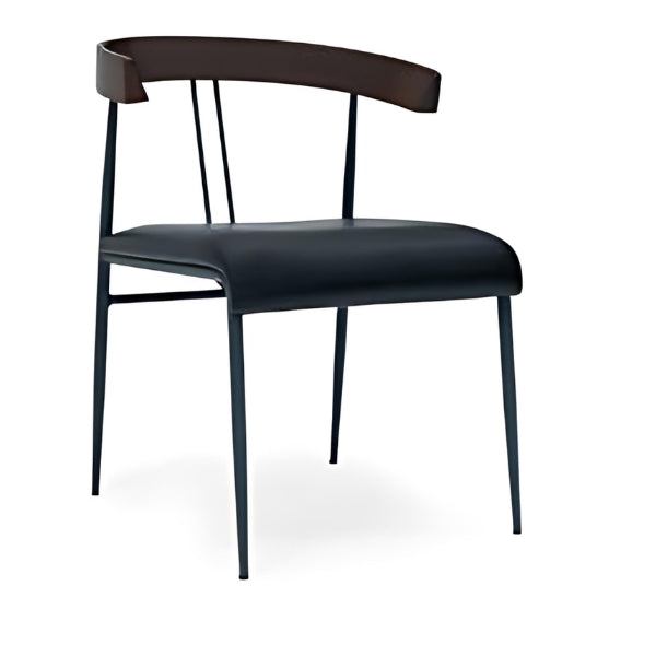 Sleek Black Upholstered Dining Chair with Metal Frame and Wooden Backrest