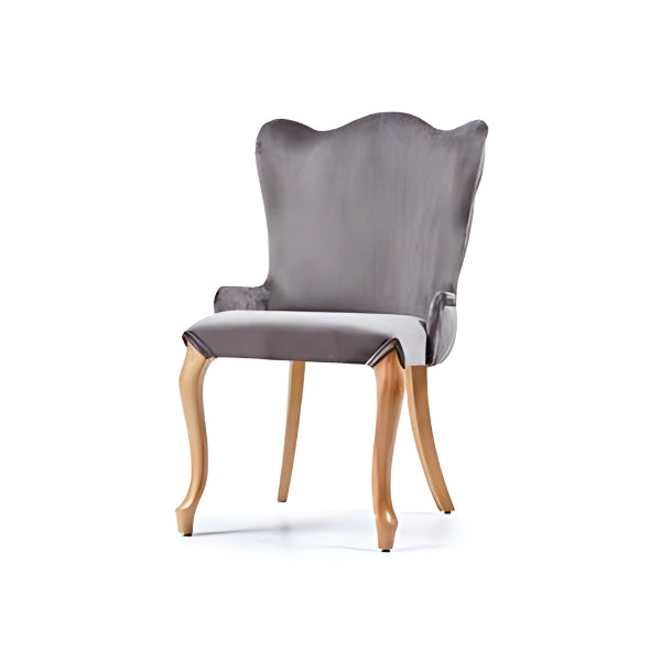 Elegant Gray Upholstered Armchair with Curved Legs: A Stylish Blend of Comfort and Classic Design