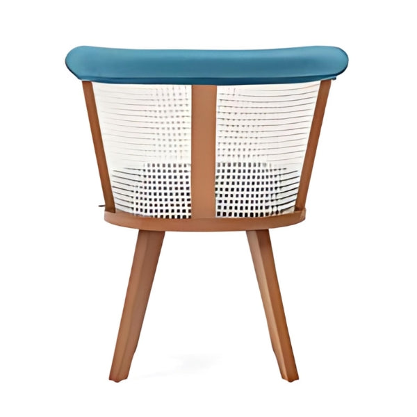 Elegant Teal Upholstered Armchair with Rattan Back and Light Wood Frame