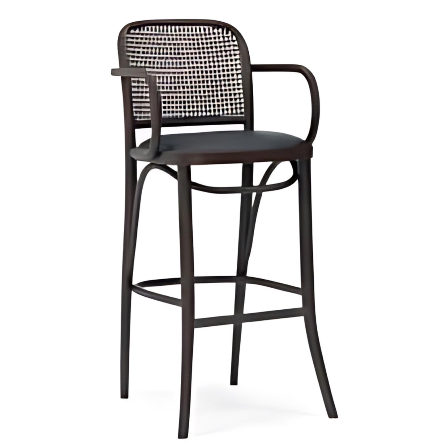 Classic Charm: The Dark Brown Wooden Bar Stool with Woven Back and Arms