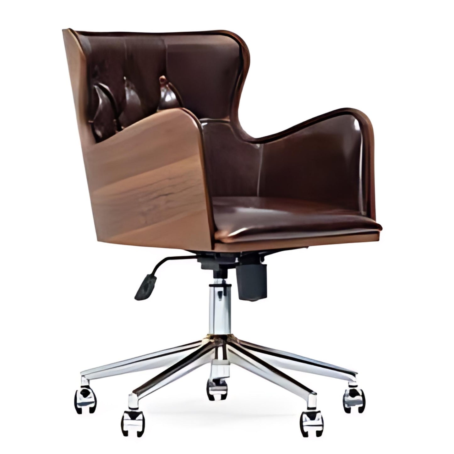 Luxurious Brown Leather Office Chair with Wooden Accents: A Stylish and Comfortable Choice