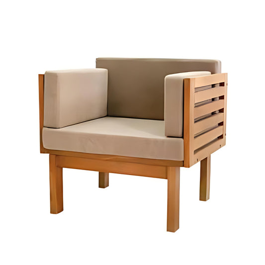 Modern minimalist accent chair with plush cushions and slatted design