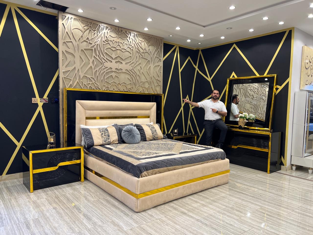 Art Deco Bedroom Suite with Bold Geometric Patterns and Gold Trim