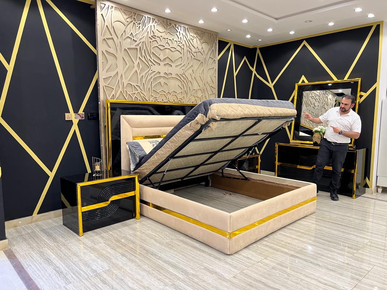 Art Deco Bedroom Suite with Bold Geometric Patterns and Gold Trim