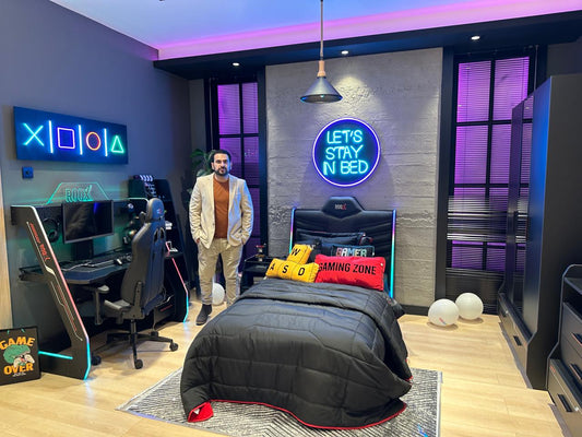 Modern Gaming Bedroom Set with LED Lighting, Ergonomic Chair, and Gaming Themed Decor for Gamers