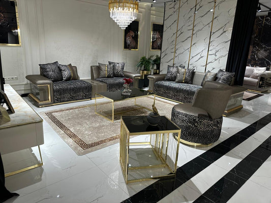 Luxury Modern Living Room Set with Elegant Animal Print and Gold Accents