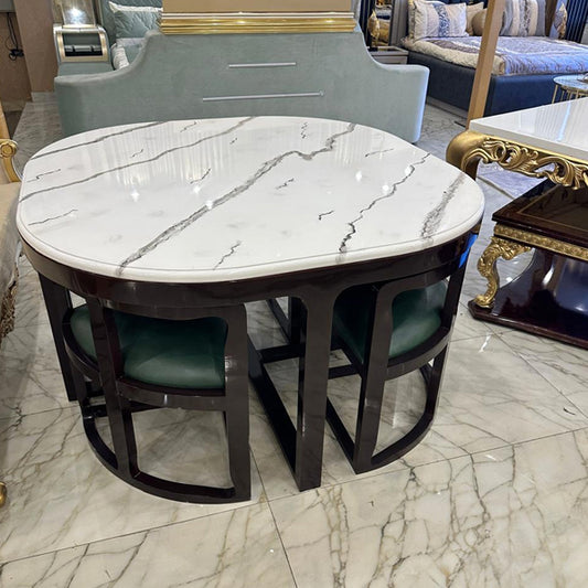 Luxurious Marble Finish 4-Person Breakfast Table with Integrated Seating